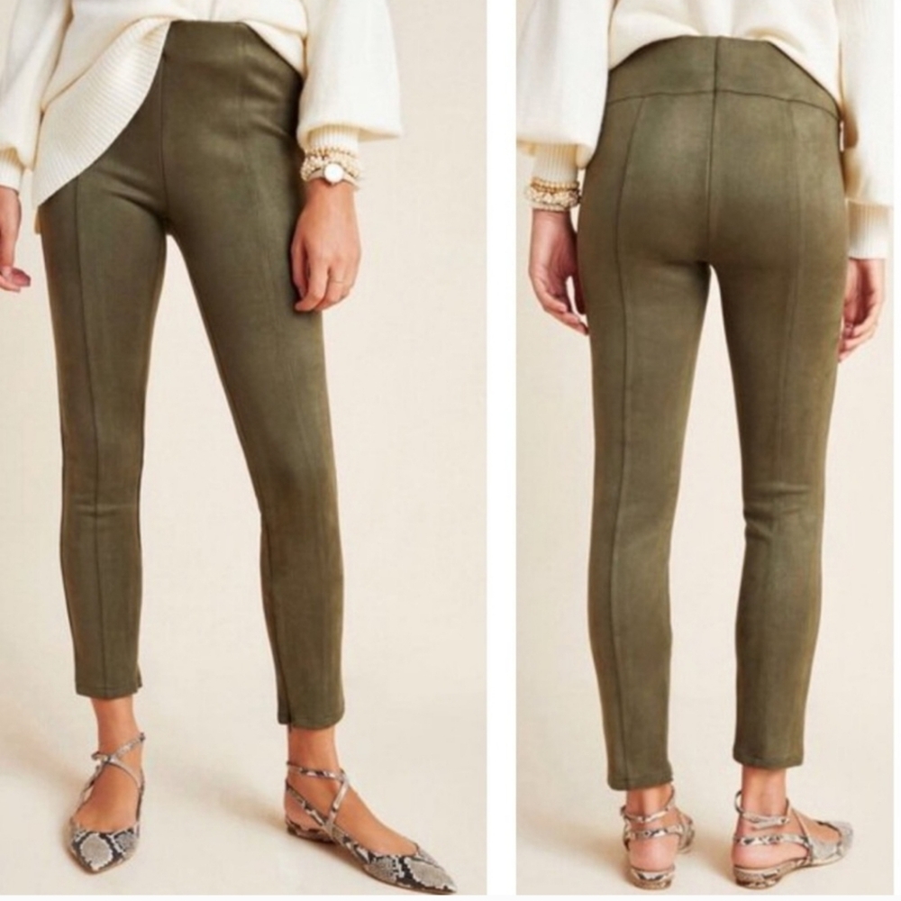 Anthropologie Olive Green Faux Suede Skinny Pull On Style Legging Size 28
